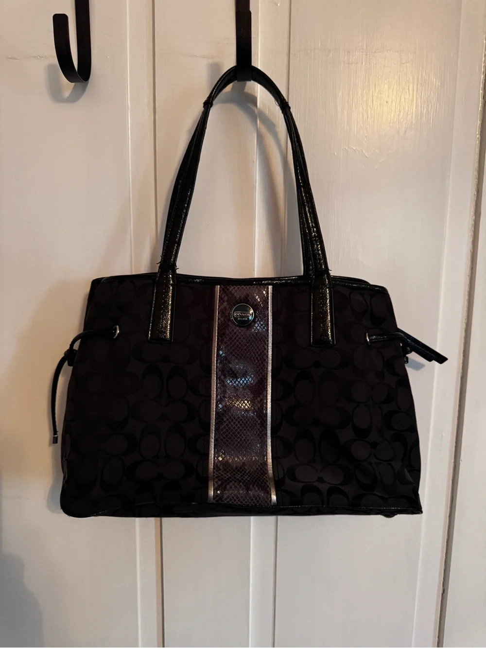 Coach Black Signature Tote with Patent Trim